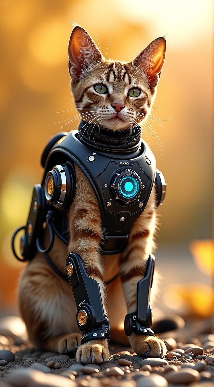 sci fi, by Dom Qwek, digital art, knee level shot of a robotic Manx Cat