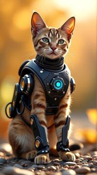 sci fi, by Dom Qwek, digital art, knee level shot of a robotic Manx Cat
