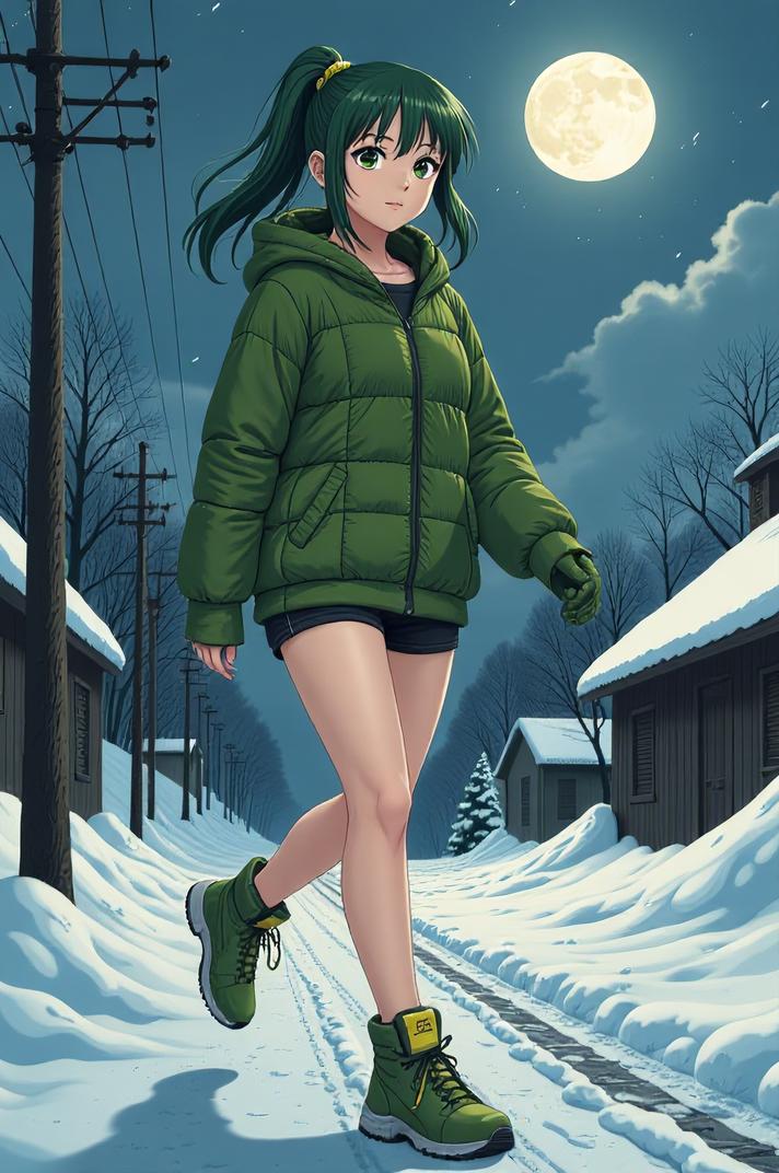 anime style masterpiece,best quality , Grungey chartreuse hair, winter