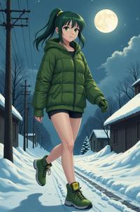anime style masterpiece,best quality , Grungey chartreuse hair, winter