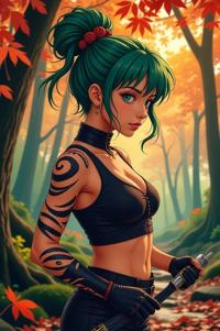 Anime style s Tiger snake from Blade Runner universe, Bun Curly jade hair, autumn, hip level shot