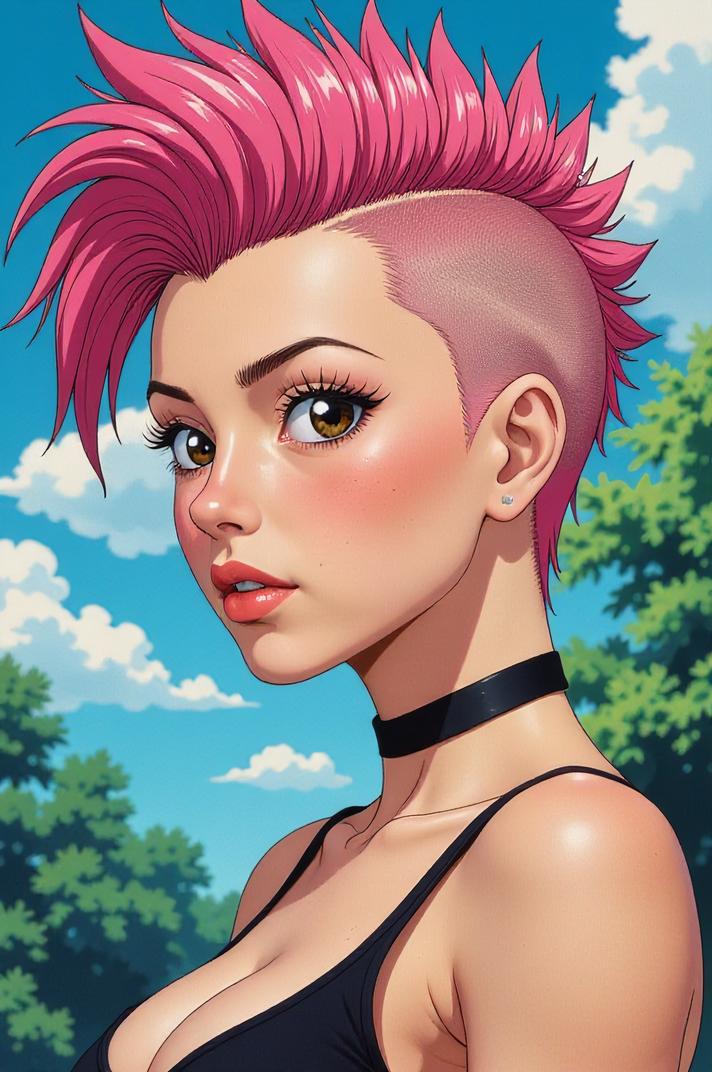 Anime style s Cobras from Terminator universe, Mohawk Flat cherry blossom pink hair, summer, shoulder level shot