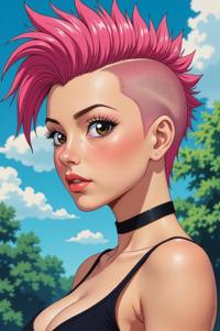 Anime style s Cobras from Terminator universe, Mohawk Flat cherry blossom pink hair, summer, shoulder level shot
