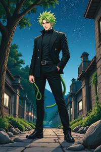 Anime style s Worm Snake from Man in black universe, Spike lime green hair, spring, ground level shot