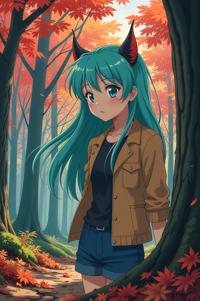 Anime style s Woodlouse from Prison universe, Grungey Behind Ears aquamarine hair, autumn, ground level shot