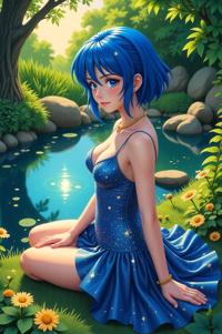 anime style masterpiece,best quality , Flat Top royal blue hair, summer