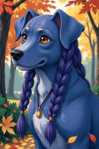 Anime style s Blue Lacy Dog from Lord of the Rings universe, Long Braids blue violet hair, autumn, shoulder level shot