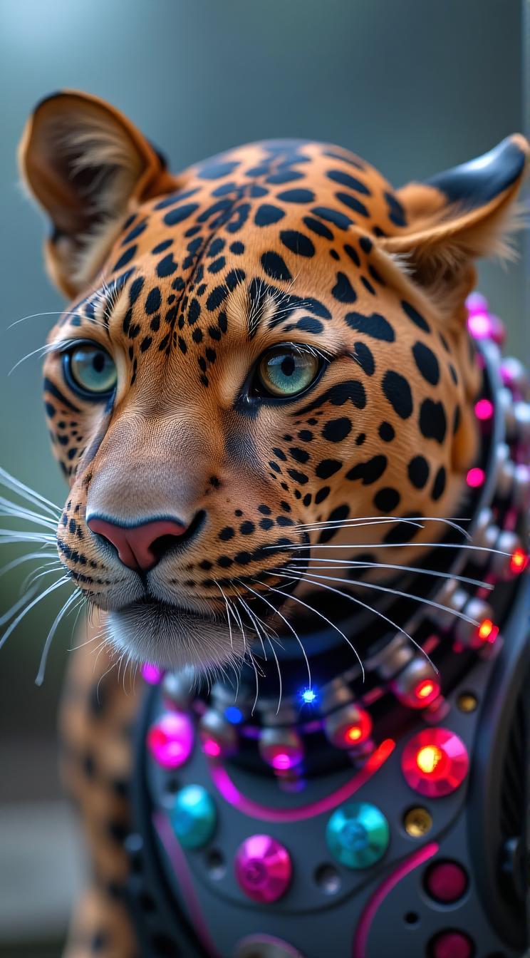 sci fi, digital art, Portrait of a robotic Leopard, wearing Shiny cybernetics