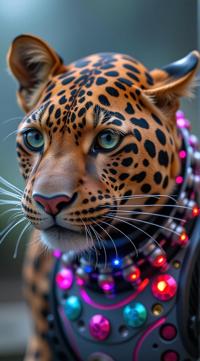 sci fi, digital art, Portrait of a robotic Leopard, wearing Shiny cybernetics