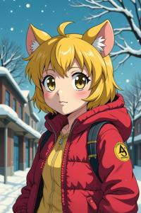 Anime style s Dormouse from Fallout universe, Over Eye school bus yellow hair, winter, perspective shot