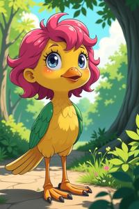 Anime style s Ovenbird from Pixar universe, Lob Curly cerise hair, summer, Front side back three views shot