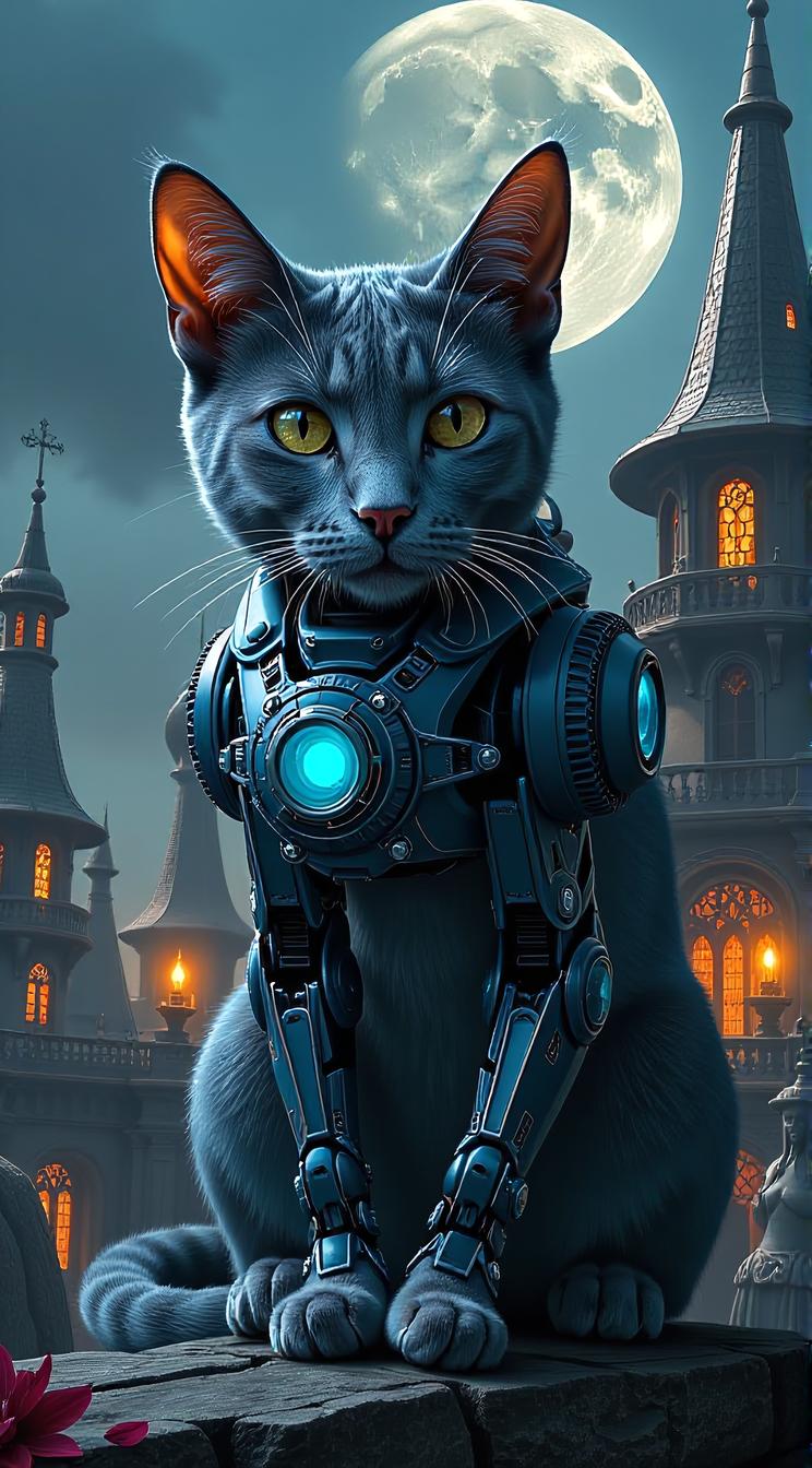 sci fi, designed by Wayne Barlowe, digital art, robotic Russian Blue Cat