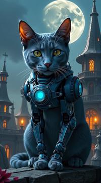 sci fi, designed by Wayne Barlowe, digital art, robotic Russian Blue Cat