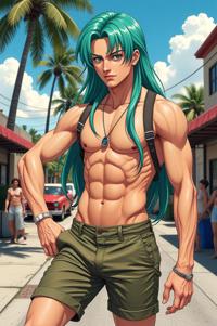 Anime style s Newt from GTA universe, Long celadon hair, summer, knee level shot