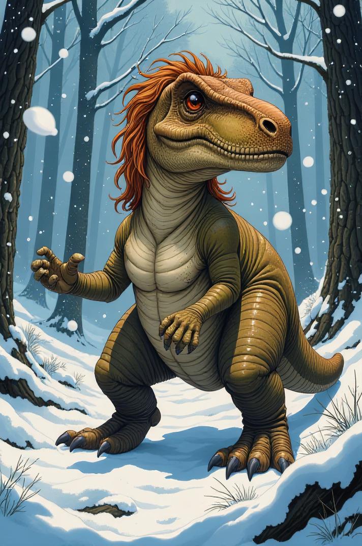 Anime style s Theropod from Alice s Adventures in Wonderland universe, Buffont bronze hair, winter, from above shot