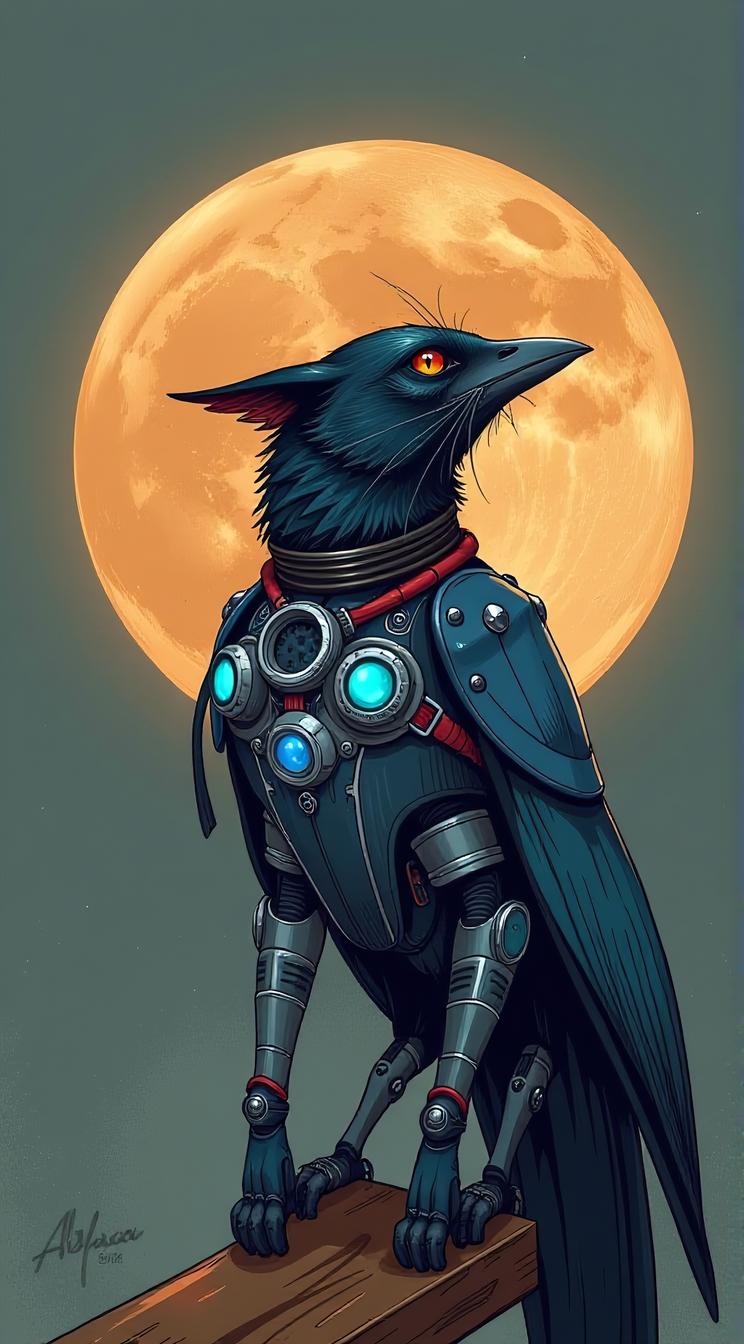 sci fi, digital art, robotic Magpie Russian Blue Cat , the Magpie is dressed in Afropunk fashion style cybernetics
