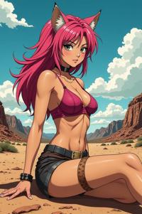 Anime style s Caracal from Mad Max universe, Spikes cerise hair, summer, knee level shot