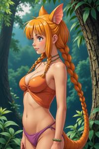 Anime style s Goonch Catfish from Jurassic Park universe, Braids saffron hair, spring, Front side back three views shot