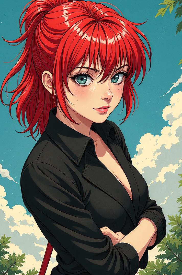 Anime style s Pointer from Vertigo universe, Grungey Parted cardinal hair, spring, high angle shot