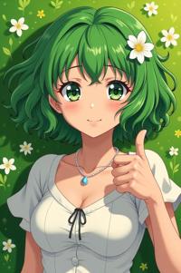 anime style masterpiece,best quality , Bob Curly moss green hair, spring