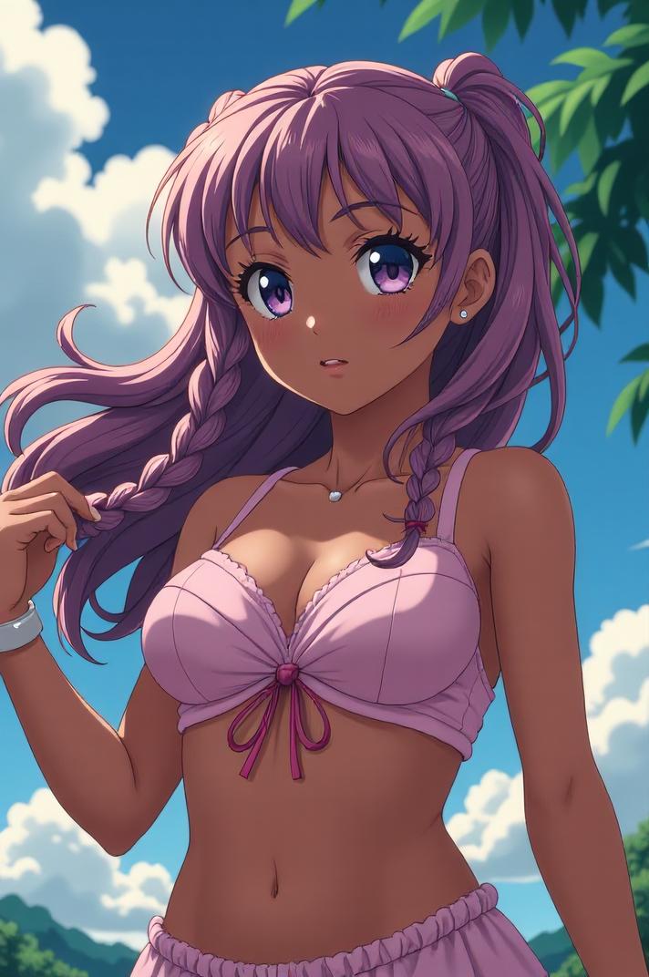 anime style masterpiece,best quality , Longer Braids mauve hair, summer