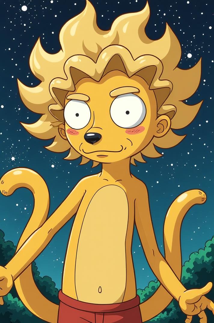 Anime style s Mongoose from Rick and Morty universe, Top Curls beige hair, spring, from above shot