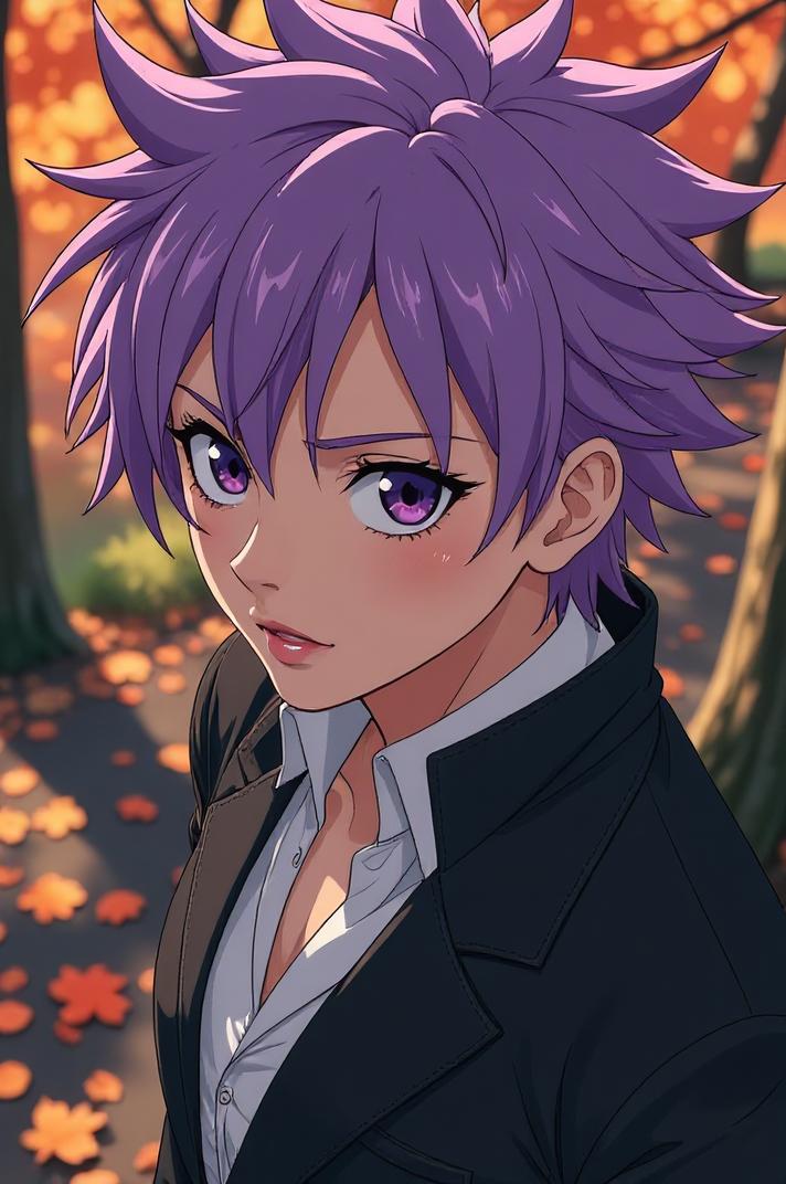 Anime style s Schapendoes from Blade Runner universe, Spikes lilac hair, autumn, high angle shot