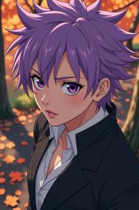 Anime style s Schapendoes from Blade Runner universe, Spikes lilac hair, autumn, high angle shot