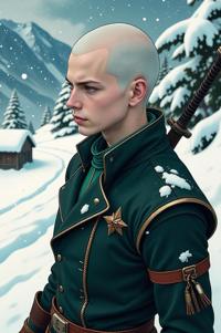 Anime style s Pointer from The Witcher universe, Bald malachite hair, winter, aerial view shot