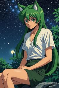 Anime style s Caracal from Man in black universe, Long Center Parting fern green hair, summer, knee level shot
