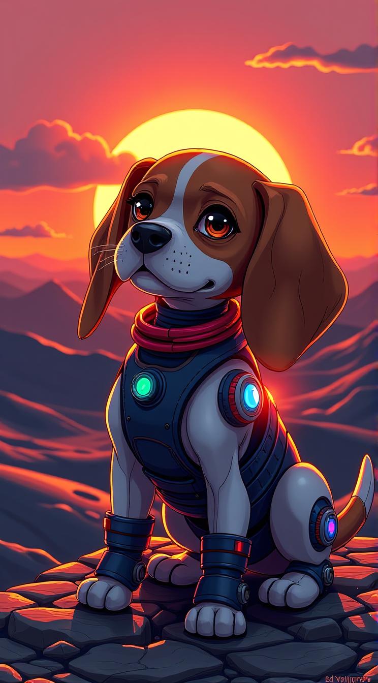 sci fi, stylized by Ed Valigursky, digital art, robotic Beagle