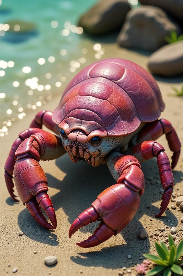 Anime style s Hermit Crab from Mass Effect universe, Cornrows mauve hair, summer, aerial view shot