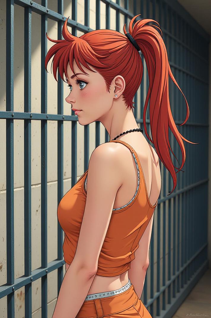 Anime style s Japanese Chin from Prison universe, Mohawk Flat cinnamon hair, summer, Front side back three views shot
