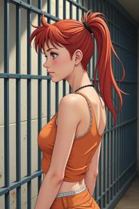Anime style s Japanese Chin from Prison universe, Mohawk Flat cinnamon hair, summer, Front side back three views shot
