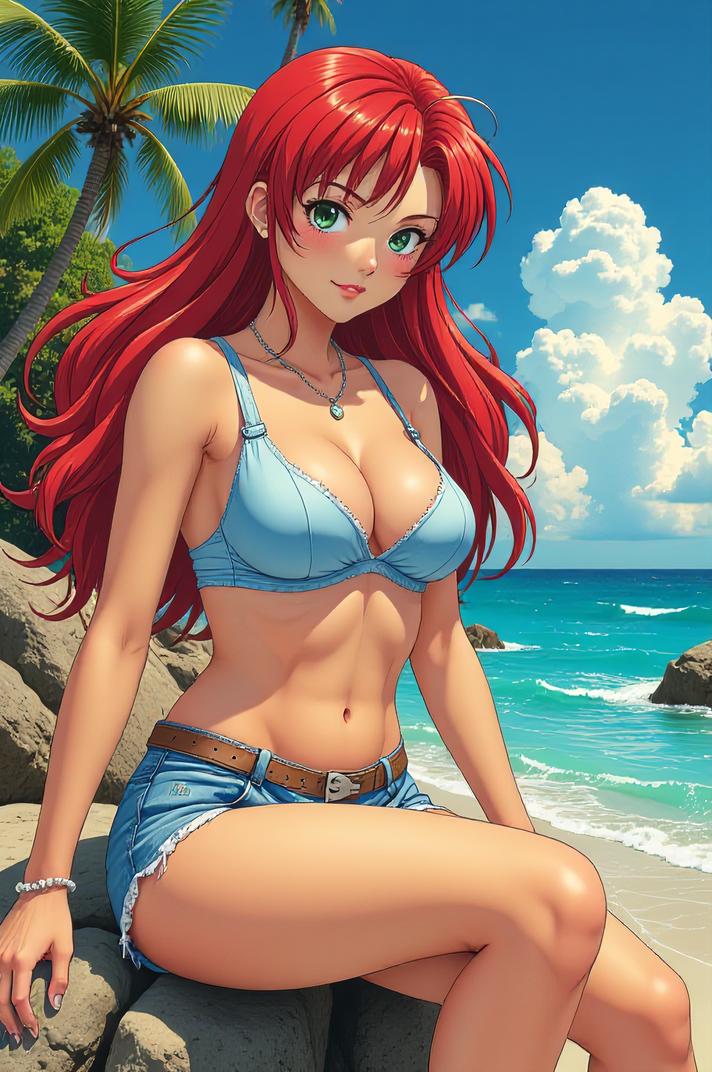 Anime style s Swai Fish from Fallout universe, Over Left Eye crimson hair, summer, knee level shot
