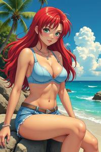 Anime style s Swai Fish from Fallout universe, Over Left Eye crimson hair, summer, knee level shot