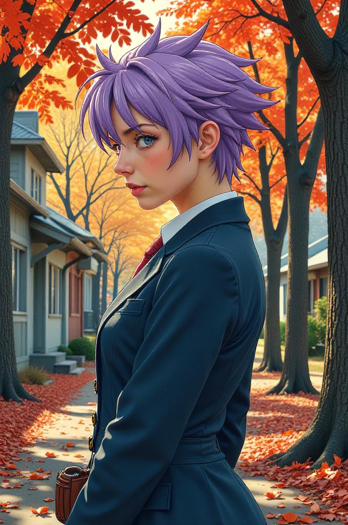 Anime style s Blue Nose Pit Bull from Kill Bill universe, Spikes lavender hair, autumn, Front side back three views shot