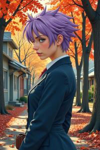 Anime style s Blue Nose Pit Bull from Kill Bill universe, Spikes lavender hair, autumn, Front side back three views shot