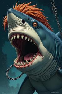 Anime style s Megamouth Shark from Resident evil universe, Mullet copper hair, spring, shoulder level shot