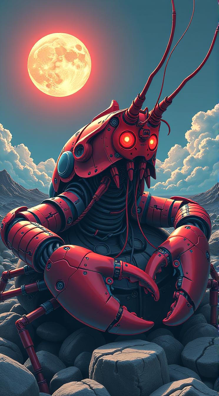 sci fi, stylized by Masamune Shirow and Jack Gaughan , digital art, robotic Lobster