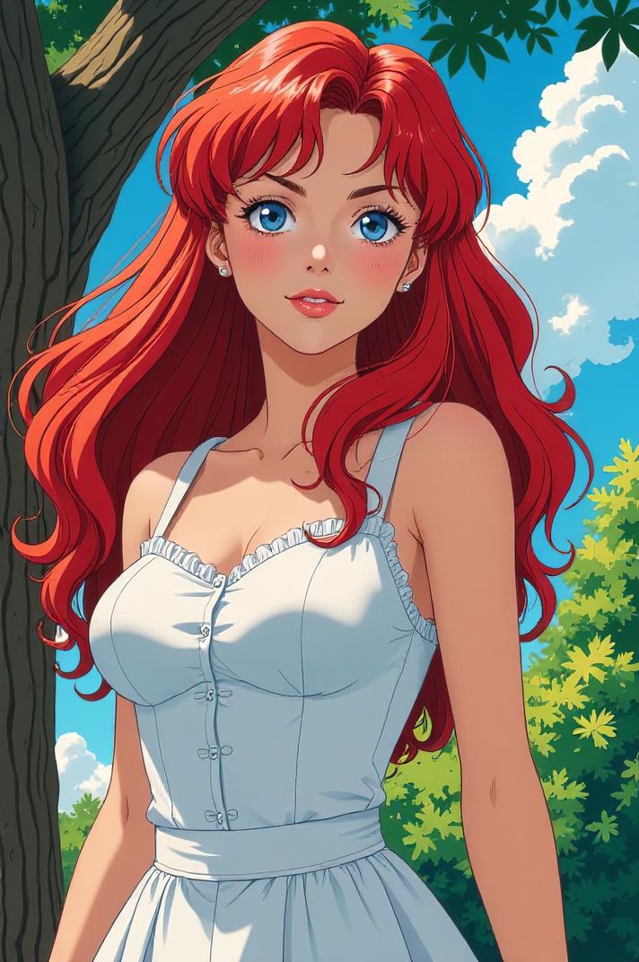 Anime style s Brittany from Alice s Adventures in Wonderland universe, Pulled Back sangria hair, summer, low angle shot