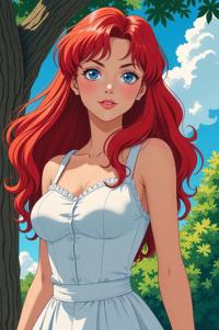 Anime style s Brittany from Alice s Adventures in Wonderland universe, Pulled Back sangria hair, summer, low angle shot