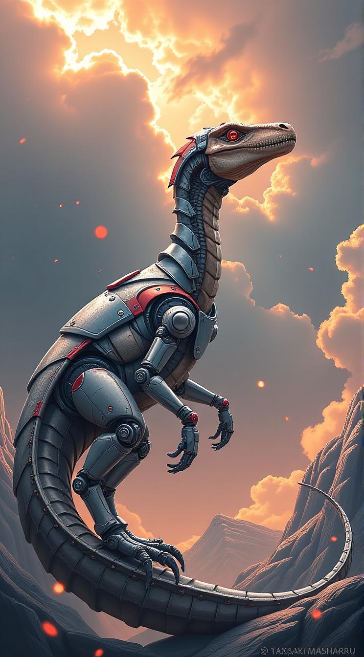 sci fi, digital art, robotic Diplodocus, wearing cybernetics