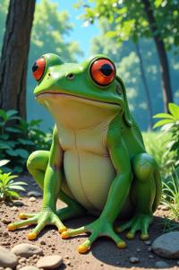 Anime style s Green Tree Frog from Blade Runner universe, Rachel Curly quartz grey hair, summer, ground level shot