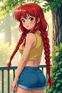 Anime style s Red handed Tamarin from Fargo universe, Longer Braids cinnabar hair, summer, Front side back three views shot