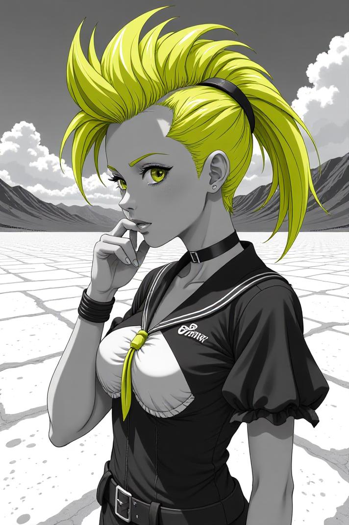 anime style masterpiece,best quality , Mohawk Fan lime hair, summer