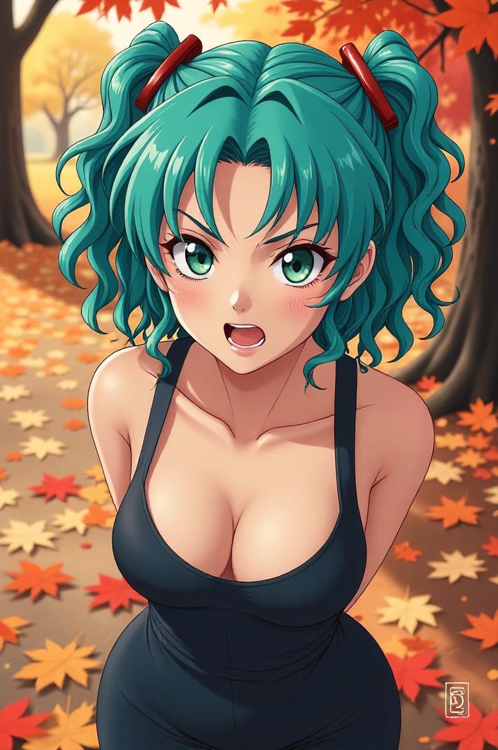 anime style masterpiece,best quality , Over Eye Curly aqua hair, autumn