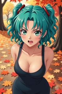 anime style masterpiece,best quality , Over Eye Curly aqua hair, autumn
