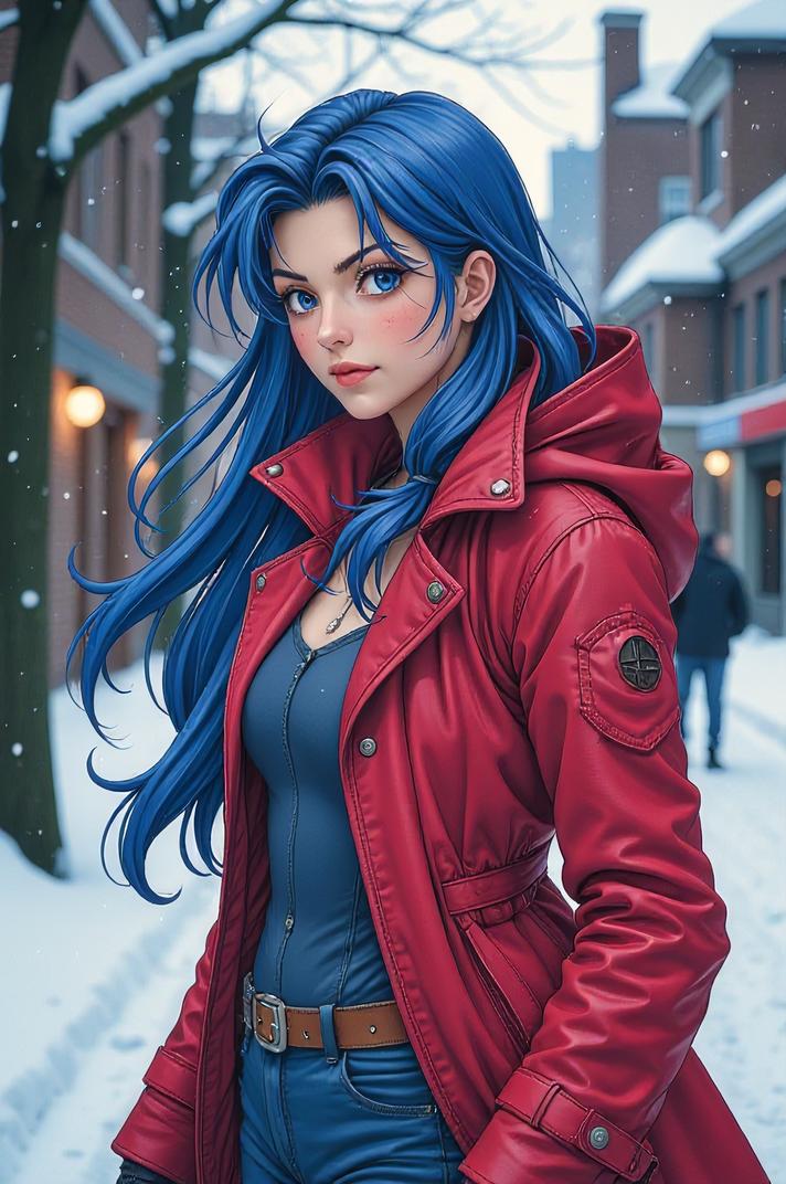 Anime style s Swallow from Marvel universe, Grungey Long cornflower hair, winter, hip level shot