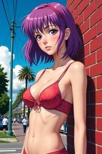 anime style masterpiece,best quality , Buffont psychedelic purple hair, summer